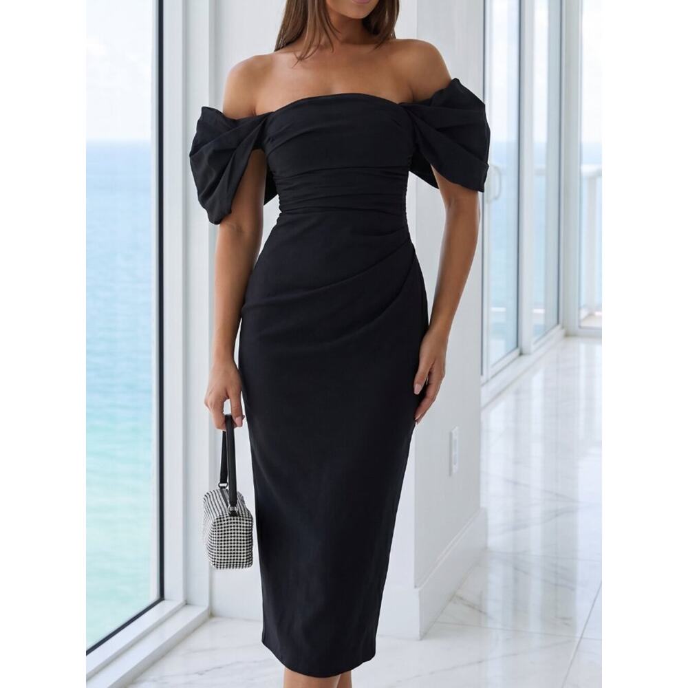 NWT REVOLVE Australia SHOWPO Lohan black midi with puff sleeves body con US 10
